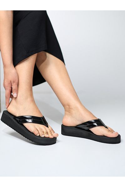 HANOX Diva Patent Leather Black Women's Flip Flops Beach Slippers (3.8) cm