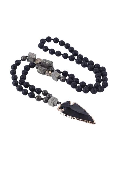 Tessero Viking necklace made of volcanic rock with lucky amulet in the shape of an arrowhead, 83 cm, Tessero, black