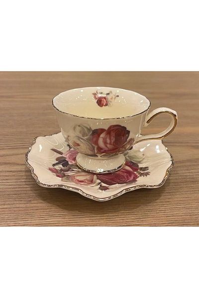 ROY KING Porcelain 6-Piece Coffee Cup Cream Gold Rose Pattern Rose