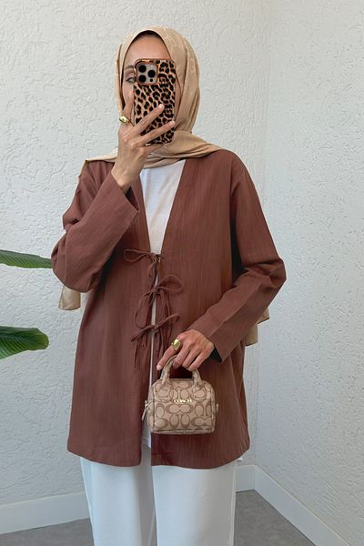 Salih Çelebi Three Lace Hijab Kimono 2339 - Brown