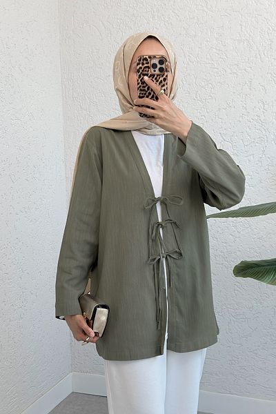 Salih Çelebi Three Lace Hijab Kimono 2339 - Khaki