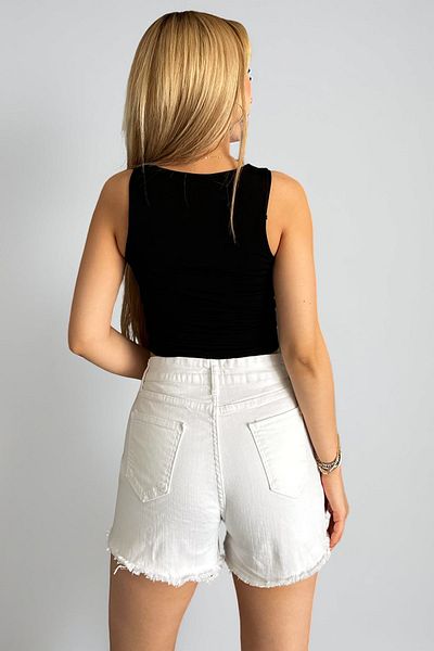 Jacarsman Women's Pearl Stone Embroidered Pocket Slit High Waist White Lycra Short Denim Shorts