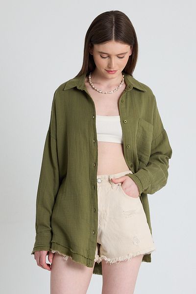 Rays Cămașă kaki oversize 100% bumbac muselină 4786A