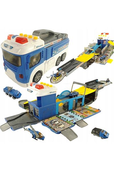 indiggo Play Set, Transformable Truck into Parking Garage, Police, One Level, Includes 3 Vehicles, Realistic