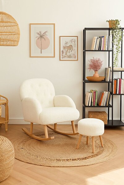 KOKİ DESİGN Sallanan Ahşap Ayaklı Wellsoft Kırık Beyaz Berjer - PUF HEDİYELİ