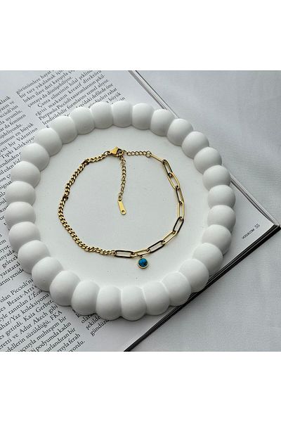 CA SHOPPİNG Blue Beaded Double Chain ​​Steel Anti-Tarnish Anklet