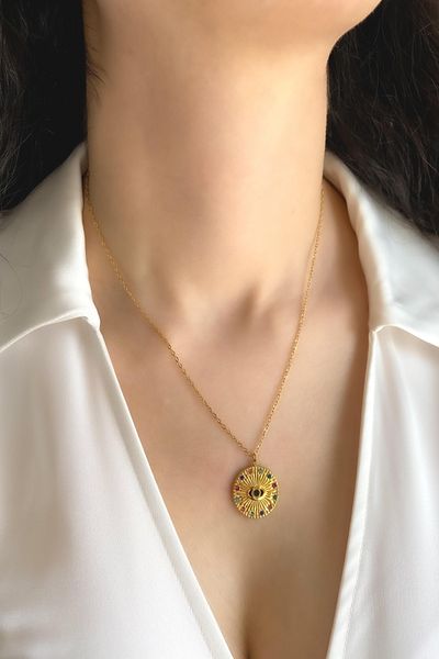 DEMOKAN Women's Steel Necklace Round Round Plate Colorful Zircon Stone Eye Model Necklace