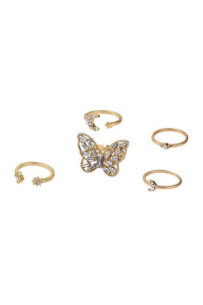 huitich Gold Colour Plated Butterfly & Moon Crystal Ring Set 5 Pcs
