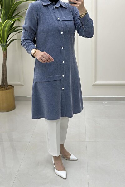 sff Önü Çıtçıtlı Fermuar Aksesuarlı Kadın Tunik Mavi SFF 1405