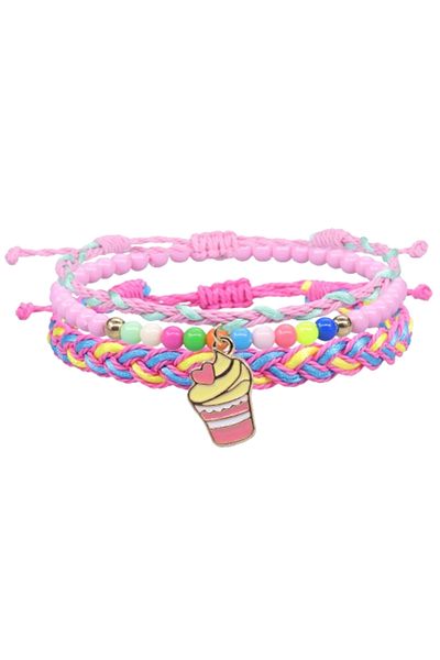 Tessero Set of three cord bracelets made of braided fabric and beads, handmade, adjustable size, charm-u