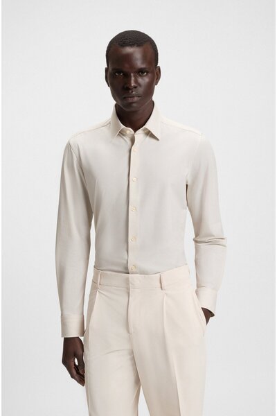 BOSS Erkek Dar Kalıp Esnek Ütü Gerektirmeyen Kumaş Uzun Kollu Ekru Gömlek 505...