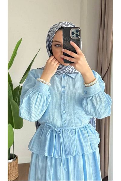 nizzell Women's Blue Ruffled Summer Double Suit - Hijab Clothing Combination