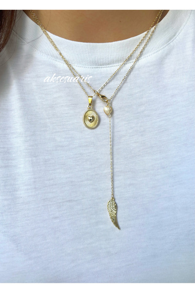 aksesuaris 2'li Dekolte Kalp Detay Melek Y Gold Kolye Set Kombin