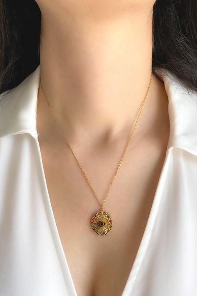 DEMOKAN Women's Steel Necklace Round Round Plate Colorful Zircon Stone Eye Model Necklace