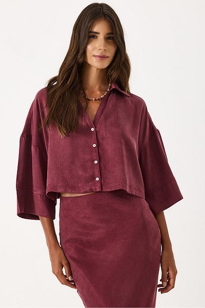VENA Short Sleeve Lyocell Satin Shirt - Claret Red