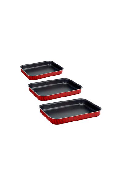 TEFAL 3-Piece Tempo Flame Non-Stick Aluminium Baking Oven Dish Set Red and Black
