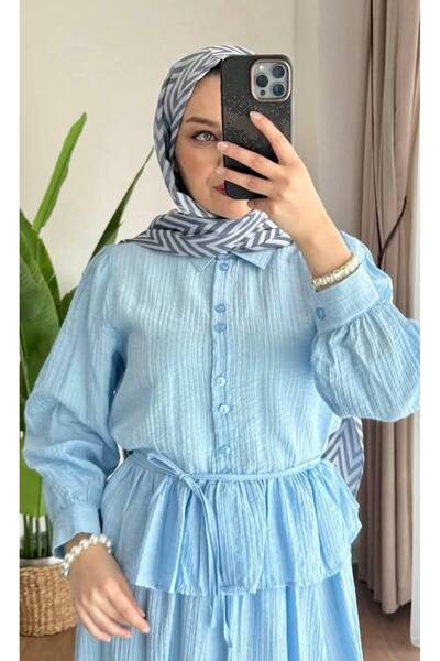 nizzell Women's Blue Ruffled Summer Double Suit - Hijab Clothing Combination