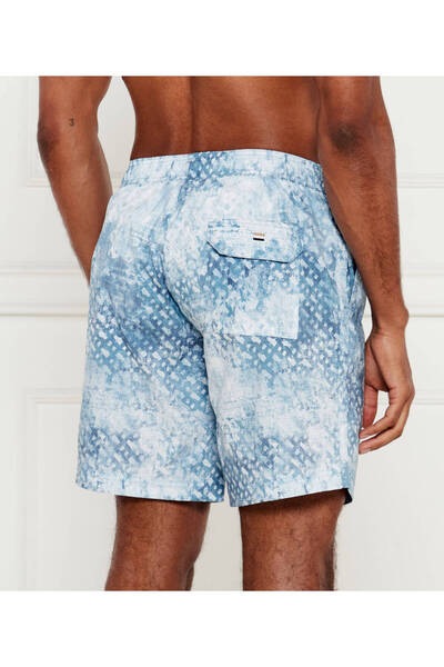BOSS Erkek Beli Bağcıklı Normal Kalıp Monogram Logo Desenli Mavi Deniz Şortu 50544343-443
