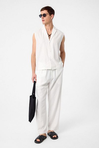 Antioch Ecru Linen Blended Sleeveless Men's Shirt