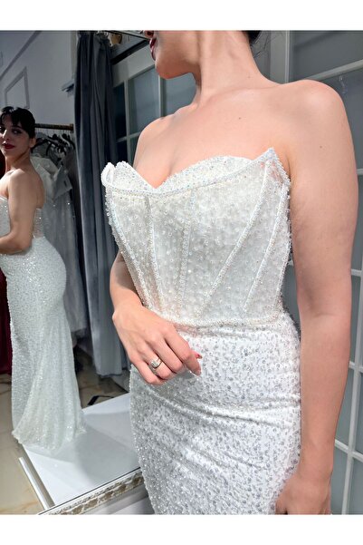 Abiye's BEYAZ TAŞLI KORSELİ STRAPLEZ BALIK ELEGANT ABİYE