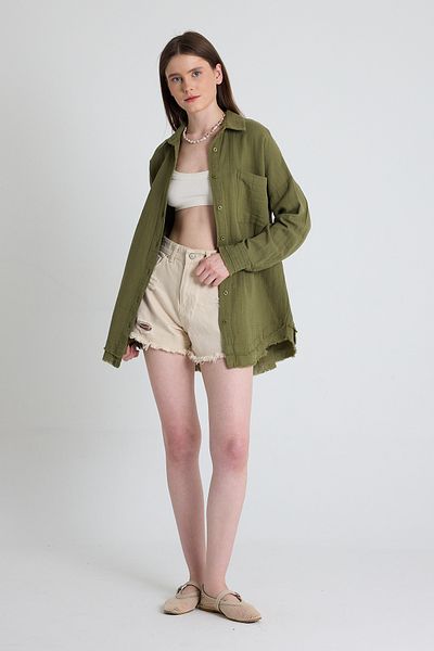Rays Cămașă kaki oversize 100% bumbac muselină 4786A