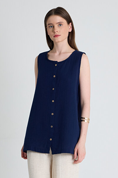 Rays Laci Linen Look 100% βαμβακερή αμάνικη μπλούζα με κουμπιά 4808A