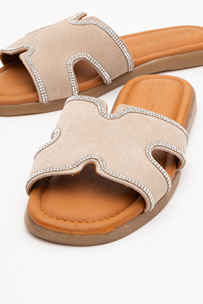 Dericlub Dericlub Women's Stone Banded Slippers Real Suede Leather Zy 8126 Beige