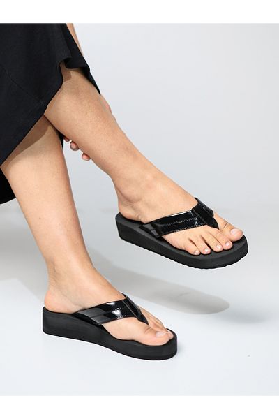 HANOX Diva Patent Leather Black Women's Flip Flops Beach Slippers (3.8) cm