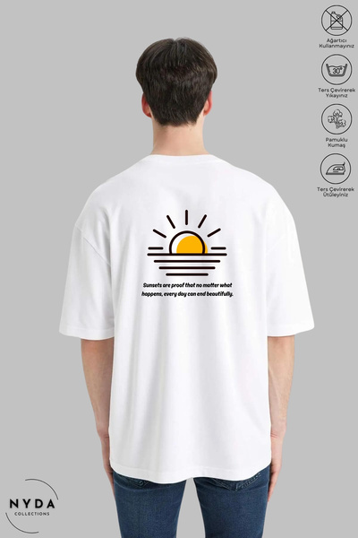 Nyda Collections Unisex Crew Neck Sunset Printed Cotton Oversize Short Sleeve T-Shirt