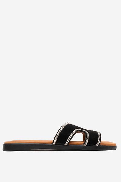 Dericlub Dericlub Women's Stone Banded Slippers Real Suede Leather Zy 8126 Black