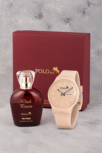 Polo Air Spor Gün Ay Takvimli Kadın Kol Saati Parfüm Bordo Hediyelik Kutsunda...