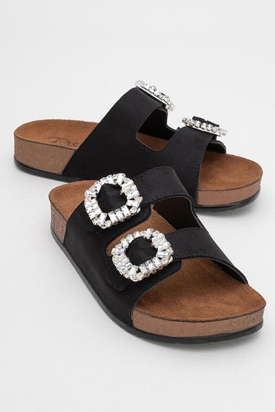 CCWAY AYAKKABI Women's Double Buckle Stone Slippers Black