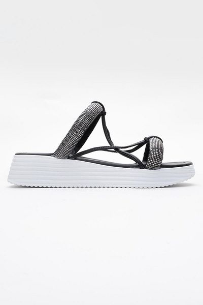 CCWAY AYAKKABI Women's Stone Flat Slippers Black White