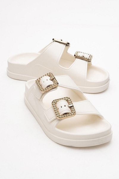 CCWAY AYAKKABI Women's Strappy Buckle Slippers Sandals Ecru