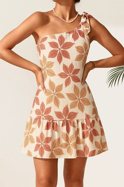 Know Women's Orange-Brown Floral Patterned One Shoulder Tie Ruffle Crinkle Dress