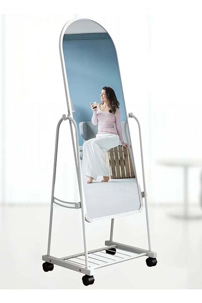 Taimi Floor Mirror with Adjustable Stand Wheels and Bottom Storage for Bedroom Living Room White 160x38cm