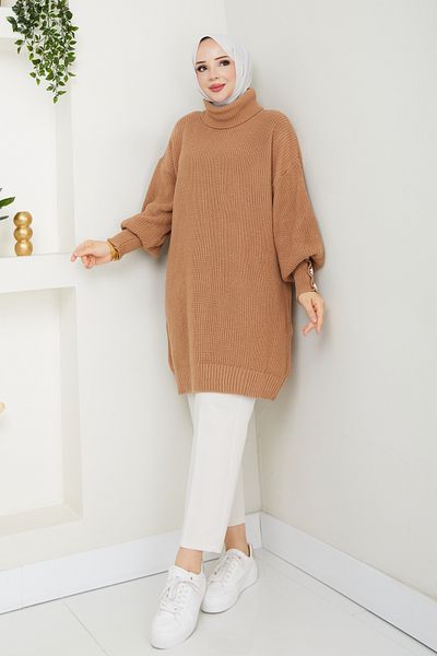 Pamuk Butik Women's High Neck Knitwear Sweater Dark Mink