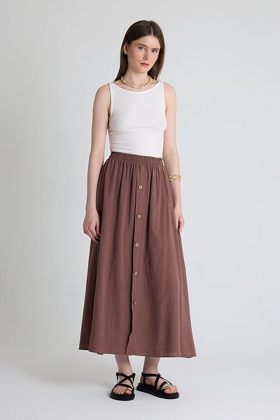 Rays Brown Linen Look 100% Cotton Buttoned Midi Skirt 3419
