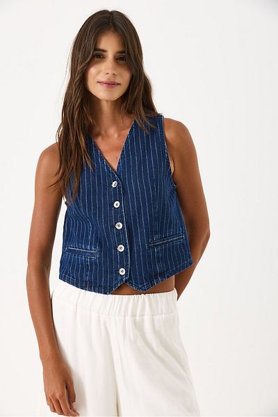 VENA Striped Dark Blue Jean Vest - Dark Blue