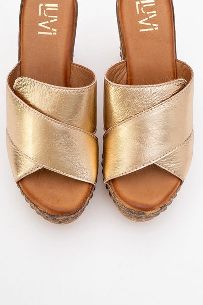 LuviShoes Lois Gold Skin Genuine Leather Women's Wedge Heeled Slippers