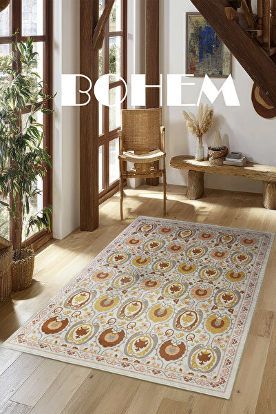 kilim home Turuncu Sarı ve Krem Tonları Etnik Desenli Otantik Dokuma Şönil Yı...