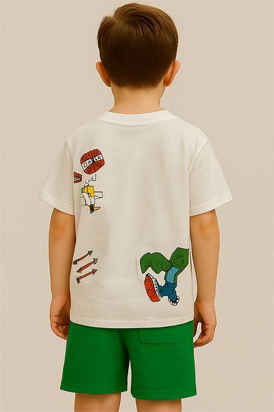 Motebarn Wear بدلة علوية وسفلية مطبوعة بشخصية اللعبة للأولاد باللون الأبيض