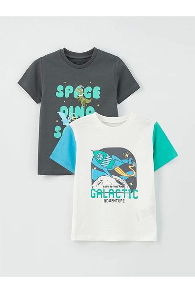 LC Waikiki Lcw Baby Ecru Crew Neck Short Sleeve Printed Baby Boy T-Shirt 2-Piece
