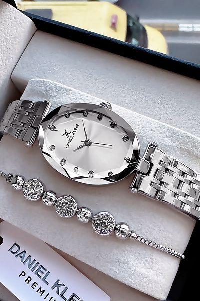 Daniel Klein Silver Color Steel Band Clatch Watch and Gift Bracelet Oval Case Cutout Glass Waterproof Women Wristwatch