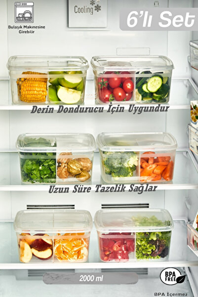 Leonsas 4 Adet 2 Bölmeli Şeffaf 1,5LT Buzdolabı Saklama Kabı - Derin Donduruc...