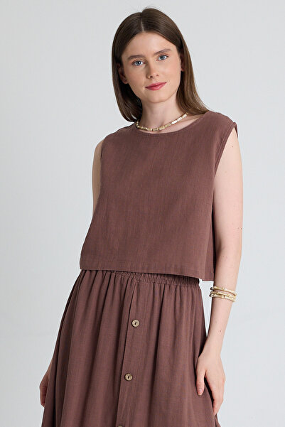 Rays Καφέ λινό look 100% βαμβακερή αμάνικη μπλούζα 3419-1