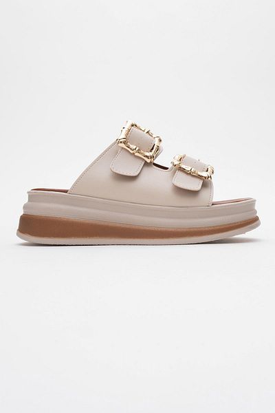 CCWAY AYAKKABI Woman's double buckle slippers beige