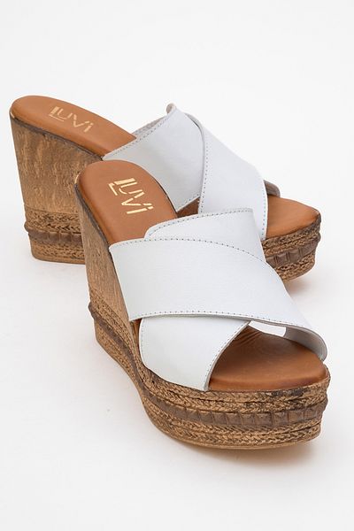 LuviShoes Lois White Skin Genuine Leather Women's Wedge Heeled Slippers