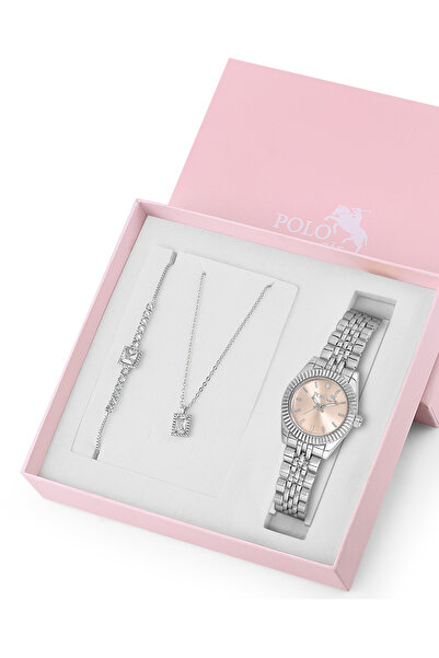 Polo Air Zarif Kadın Kol Saati Zirkon Taşlı Kare Kolye Bileklik Kombin Gümüş Pembe Renk ST-2163S4