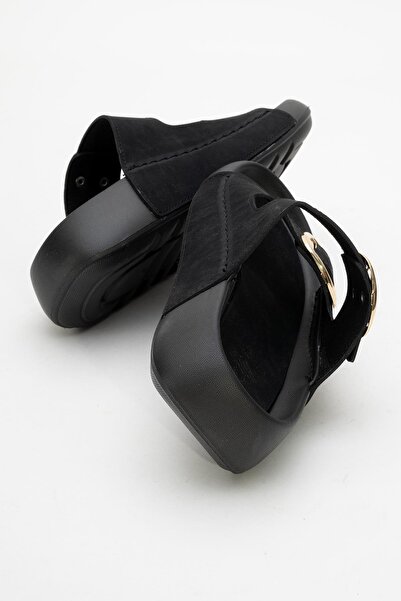 CCWAY AYAKKABI Women's Gold Buckle Slippers Black